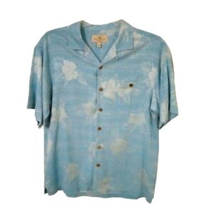 Island Shores Silk 100% Washable  Blue/White Hawaiian Style Roomy Button Down L